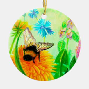Humla på en Dandelion Flower Illustration Julgransprydnad Keramik