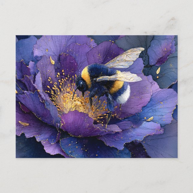 Humla på lila blomma decoupage vykort (Framsida)