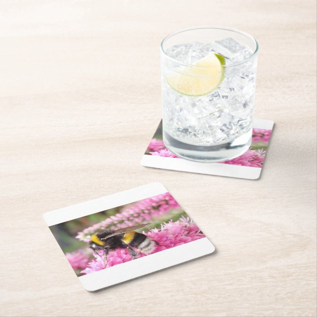 Humla på Rosa Blommor Bricka Underlägg Papper Kvadrat (Insitu)