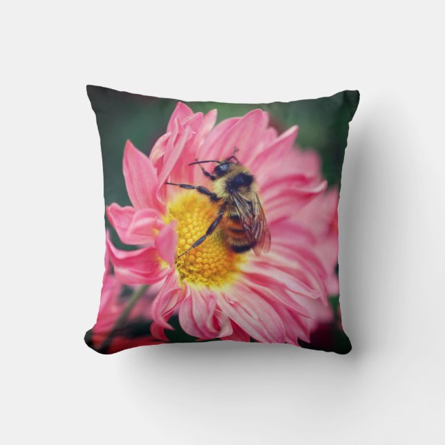 Humla på Rosa Daisy blomma 2 Kudde (Framsida)