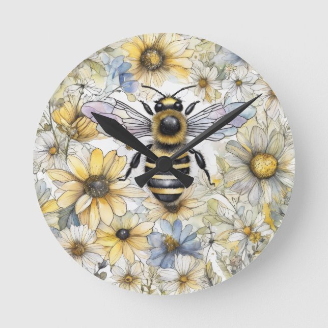 Humla vår blommigt målad. rund klocka (Framsida)