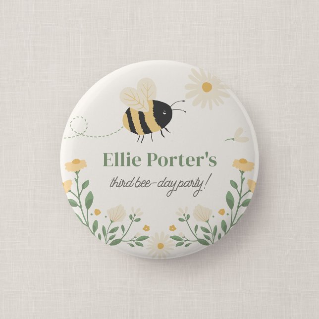 Humlebi Barnkalas Knapp Gästpresent (Wildflower Flight - Honey Bee Party Favor Button Badge)
