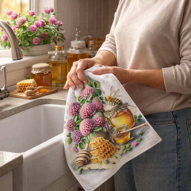 Humlebiv Rödklover Farmhus Köksduk Kökshandduk (Honey Bee Red Clover towel adds farmhouse charm with sweet honey hues and blooming clover style.)