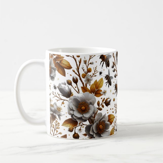 humlor blommor och blad mönster doodle konst kaffemugg (Vänster)