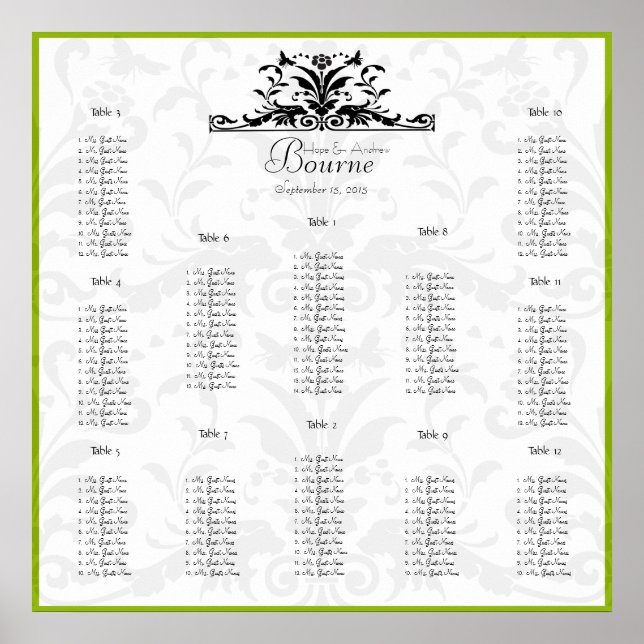 Humlor Gula Svart Damask  Placeringsplan Poster (Framsidan)