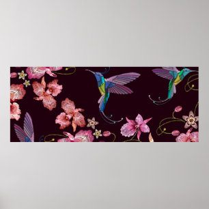 Hummande fåglar och exotiska tropiska blommor poster