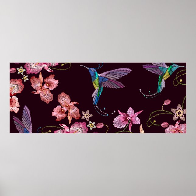 Hummande fåglar och exotiska tropiska blommor poster (Framsidan)