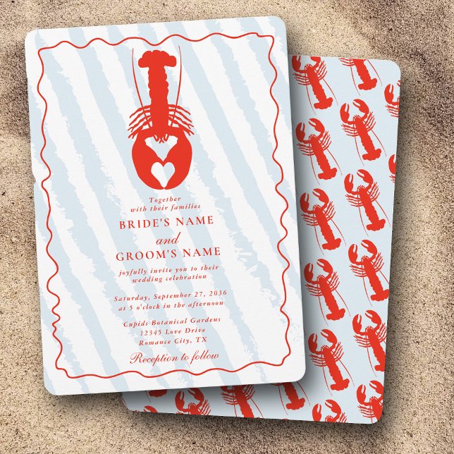 Hummer Hjärt Blå Ränder Nautilus Strand Bröllop Inbjudningar (Lobster Heart Blue Stripes Nautical Beach Wedding Invitation)
