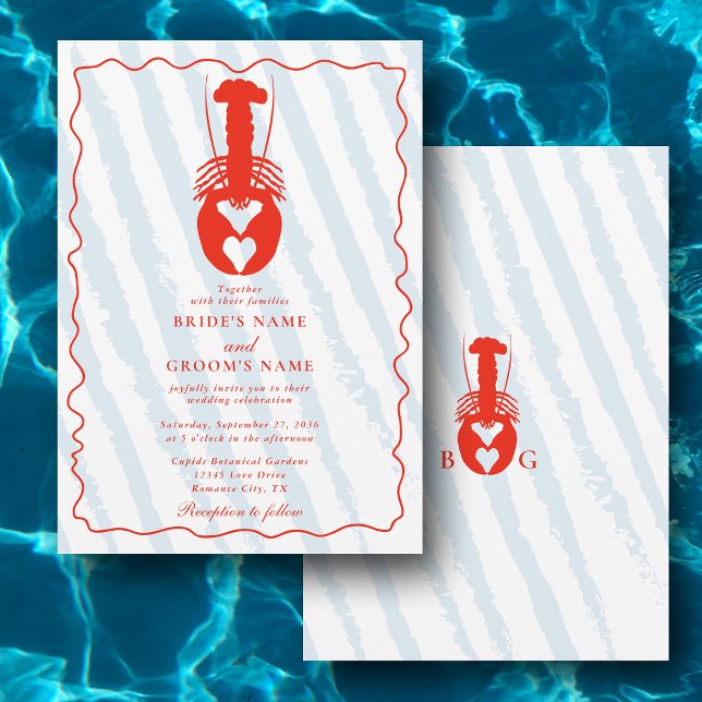 Hummer Hjärtan Blå Ränder Marin Strand Bröllop Inbjudningar (Lobster Heart Blue Stripes Nautical Beach Wedding Invitation)