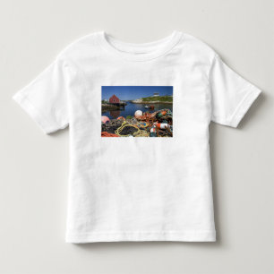 Hummerburkar, bojar och rep på bryggan vid t-shirt
