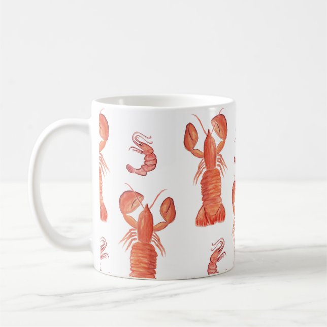Hummerkräftor Akvarell Handmålad Mönster Kaffemugg (Vänster)