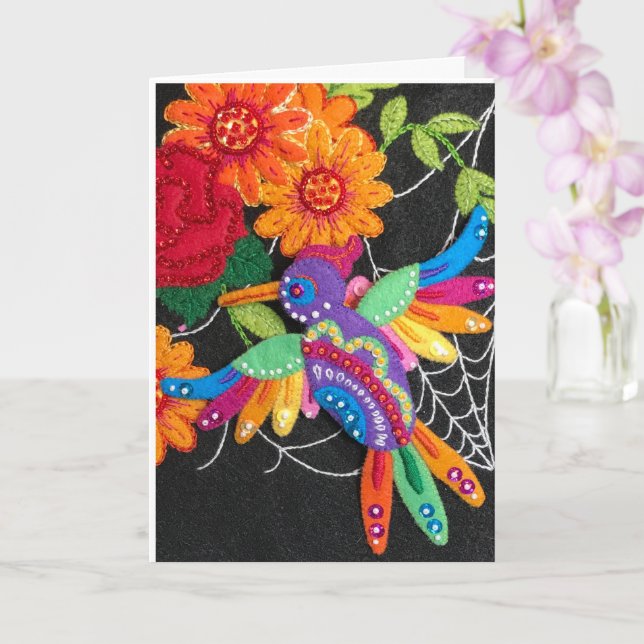 Hummiingbird Felt Sequin Beads Stitched Pretty  Kort (Orkide)