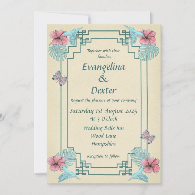 Humming bird & Hibiscus - Bröllopinbjudan Inbjudningar (Framsida)