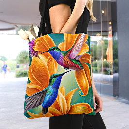 Humming Birds on Orange Blommars Tote Bag Tygkasse