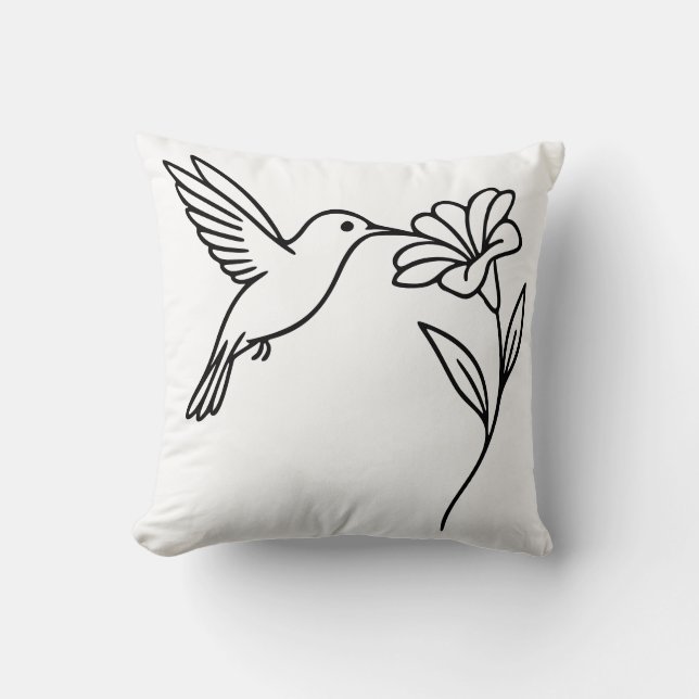 Hummingbird and Flower – Minimalist Black Line Art Kudde (Framsida)