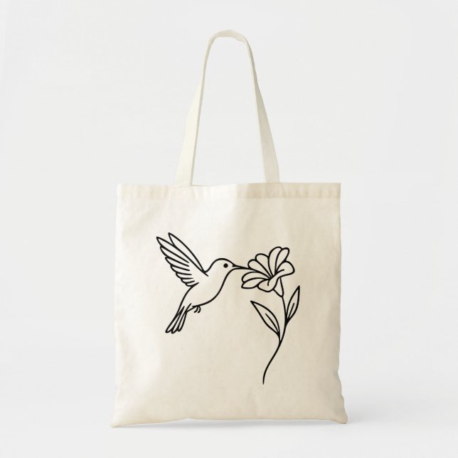 Hummingbird and Flower – Minimalist Black Line Art Tygkasse (Framsidan)