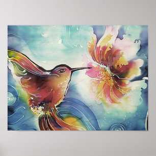 HummingBird and Flower Silke Art Painting Poster