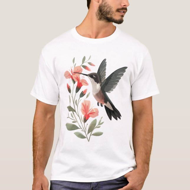 Hummingbird and Flowers - Minimalist Art T Shirt (Framsida)