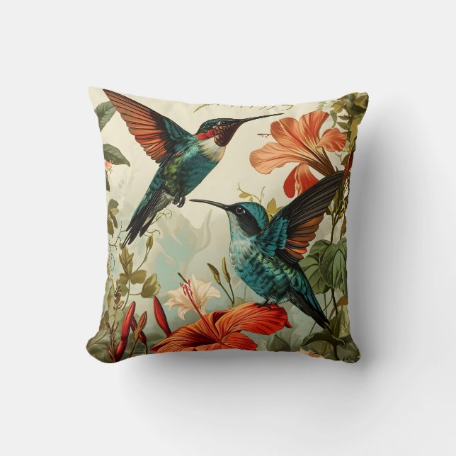 Hummingbird and Flowers: Vintage Kudde (Framsida)