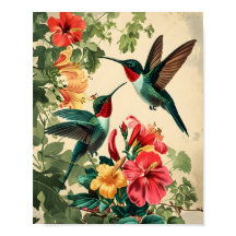 Hummingbird and Flowers: Vintage