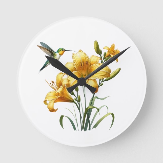 Hummingbird and Yellow Lilies Round Clock Rund Klocka (Framsida)