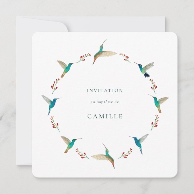 Hummingbird Baptism Invitation with Baby Photo Inbjudningar (Framsida)