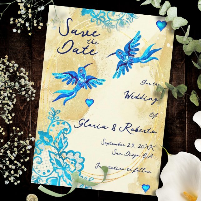 Hummingbird Baroque Gold Elegance Mexican Wedding Spara Datumet (Mexican artistry shines in turquoise lace, gold textures, and luminous blue heart details.)