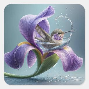 Hummingbird Bathing in an Iris Blommar Fyrkantigt Klistermärke
