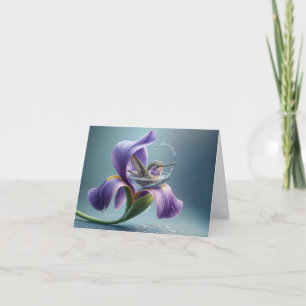 Hummingbird Bathing in an Iris Blommar Kort