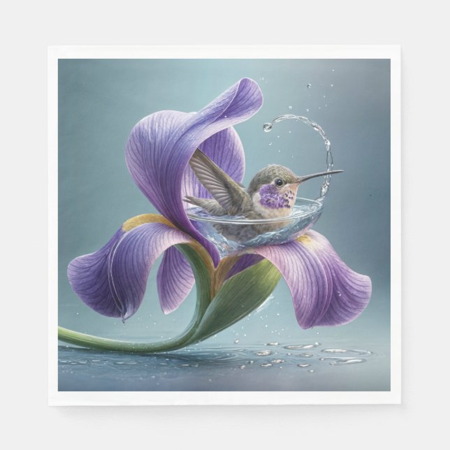 Hummingbird Bathing in an Iris Blommar Pappersservett (Framsidan)