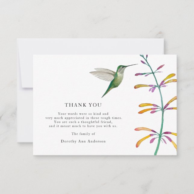 Hummingbird Bereavement Funeral Tack you Card Kort (Framsida)
