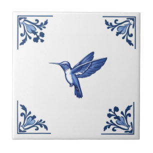 Hummingbird Bird Delft Blue och White Corners Kakelplatta