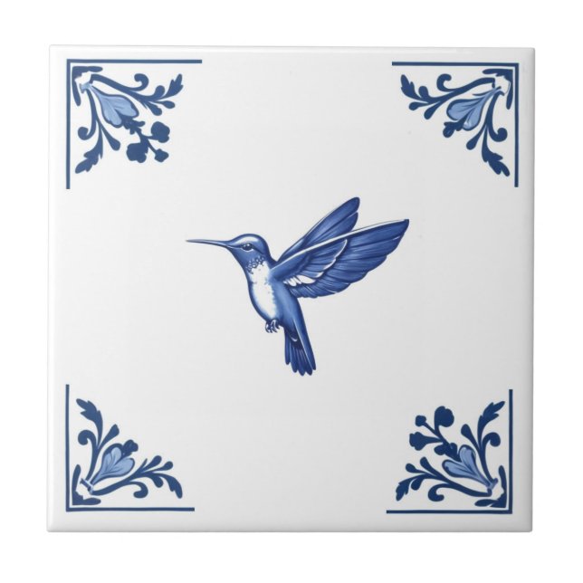 Hummingbird Bird Delft Blue och White Corners Kakelplatta (Framsidan)