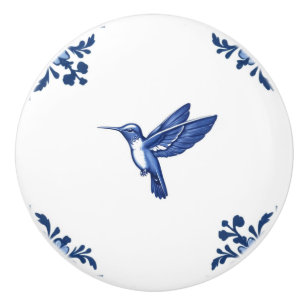 Hummingbird Bird Delft Blue och White Corners Knopp