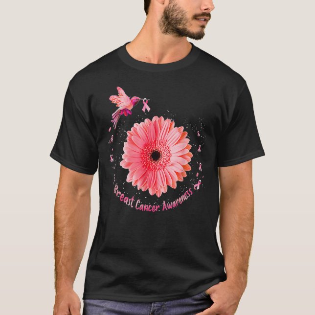 Hummingbird Bird Pink Daisy Breast Cancer Awarenes T Shirt (Framsida)