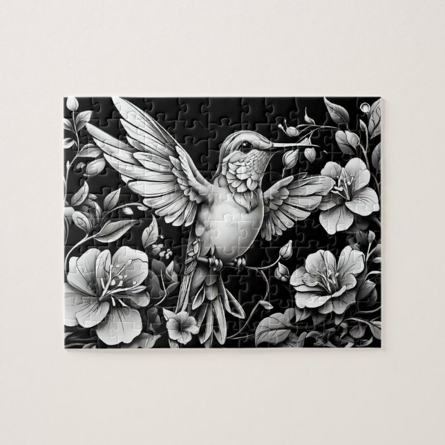 Hummingbird Black & White Tattoo Design Pussel (Horisontell)