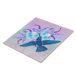 Hummingbird Blommigt Art Deco Kakelplatta