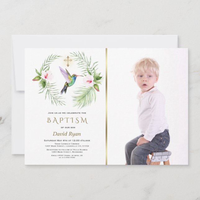 Hummingbird Blommigt Boy Photo Guld Baptism Inbjudningar (Framsida)