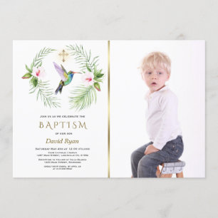 Hummingbird Blommigt Boy Photo Guld Baptism Inbjudningar