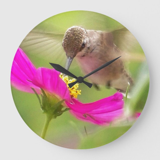 Hummingbird Blommigt Flower Bird Wall Clock Stor Klocka (Framsida)
