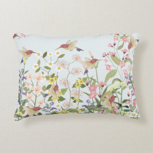 Hummingbird Blommigt Garden Vintage Illustration Prydnadskudde