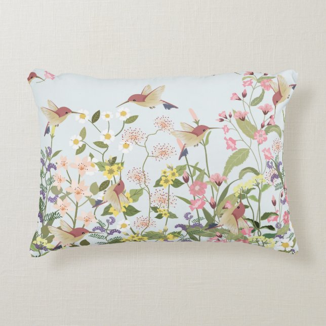 Hummingbird Blommigt Garden Vintage Illustration Prydnadskudde (Framsidan)