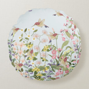 Hummingbird Blommigt Garden Vintage Illustration Rund Kudde