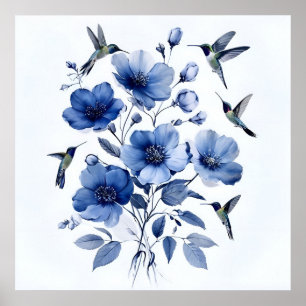 Hummingbird Blue and White Elegant Blommigt Art Poster