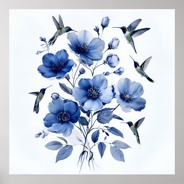 Hummingbird Blue and White Elegant Blommigt Art Poster (Framsidan)