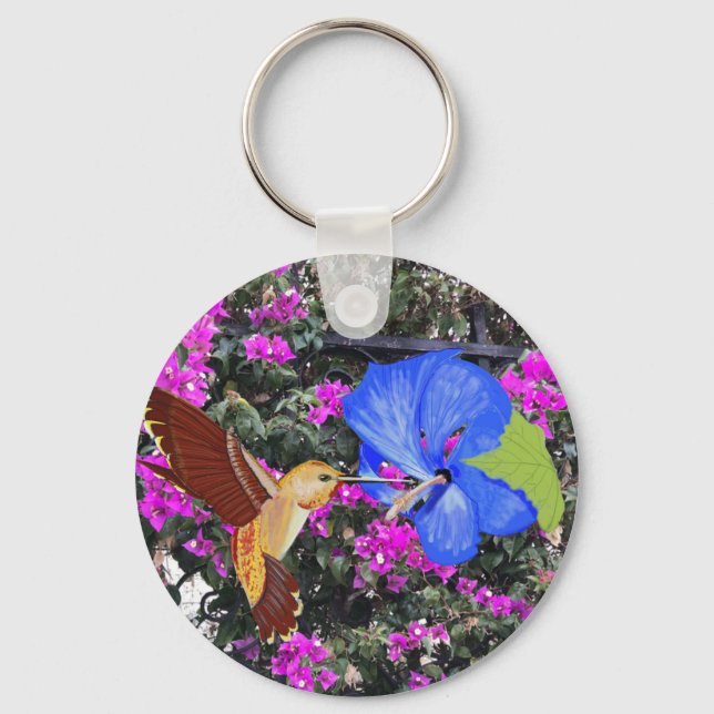 Hummingbird, Blue Hibiscus, & Bougainvillea Nyckelring (Framsida)