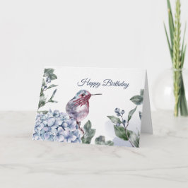 Hummingbird Blue Hydrangea Watercolor Birthday Kort
