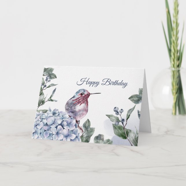 Hummingbird Blue Hydrangea Watercolor Birthday Kort (Framsida)