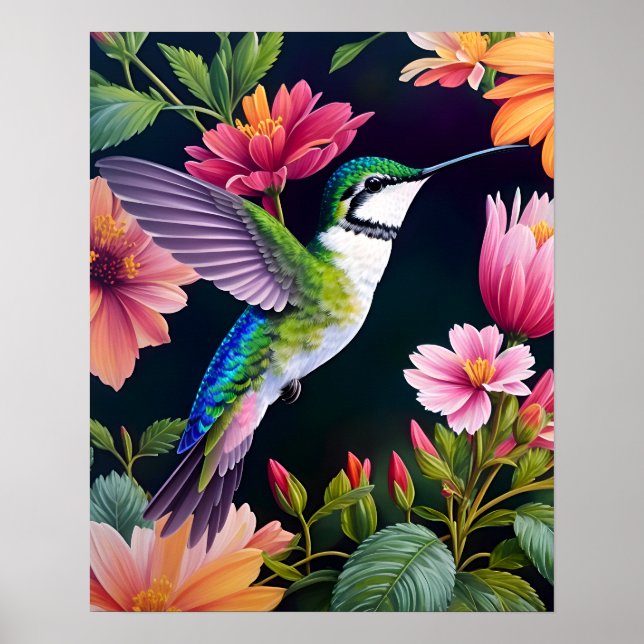 Hummingbird Color Flowers Art Poster (Framsidan)