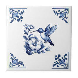 Hummingbird Delft Blue White Blommigt Corners Bird Kakelplatta